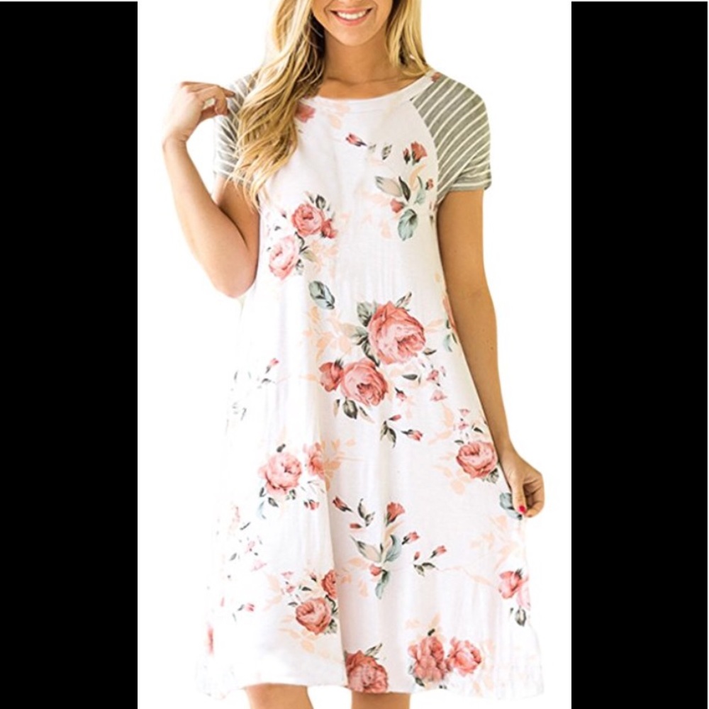 Floral Short Sleeve A-line Loose T-shirt Dress